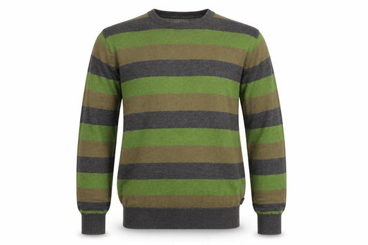 Front view of Empyre Men's Grey Green Brown Striped Cotton jumper, size S