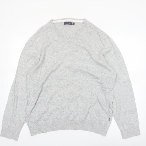 Nautica Mens Grey Cotton V-Neck Knit Jumper Size L