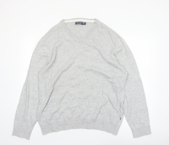 Nautica Mens Grey Cotton V-Neck Knit Jumper Size L