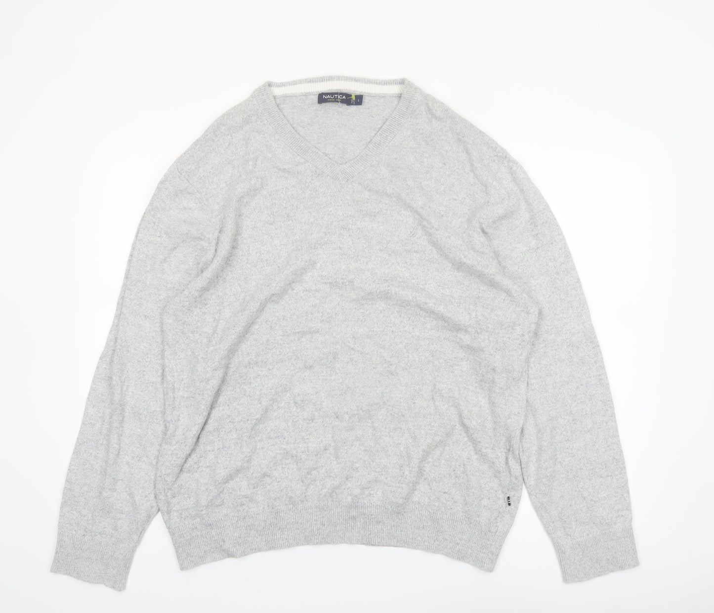 Nautica Mens Grey Cotton V-Neck Knit Jumper Size L
