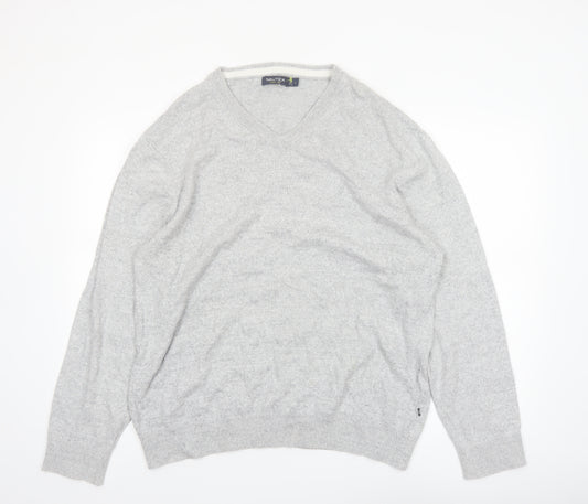 Nautica Mens Grey Cotton V-Neck Knit Jumper Size L