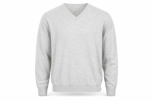 Front view of Nautica men’s grey cotton v-neck knit jumper, size L