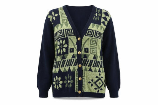 Front view of Collection Hip Design Women's Blue Geometric Wool Blend Cardigan, size 14