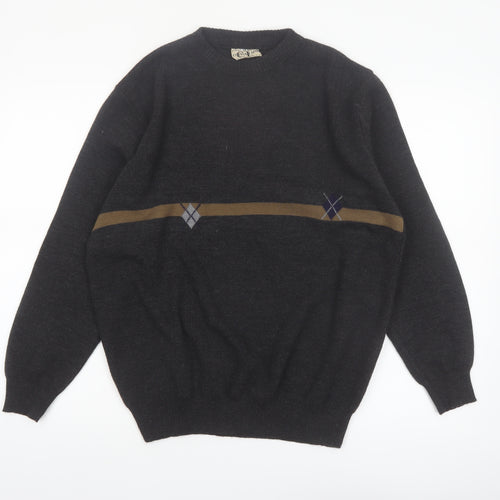 Cotton Laine Men's Black Wool Argyle Crew Neck Jumper M