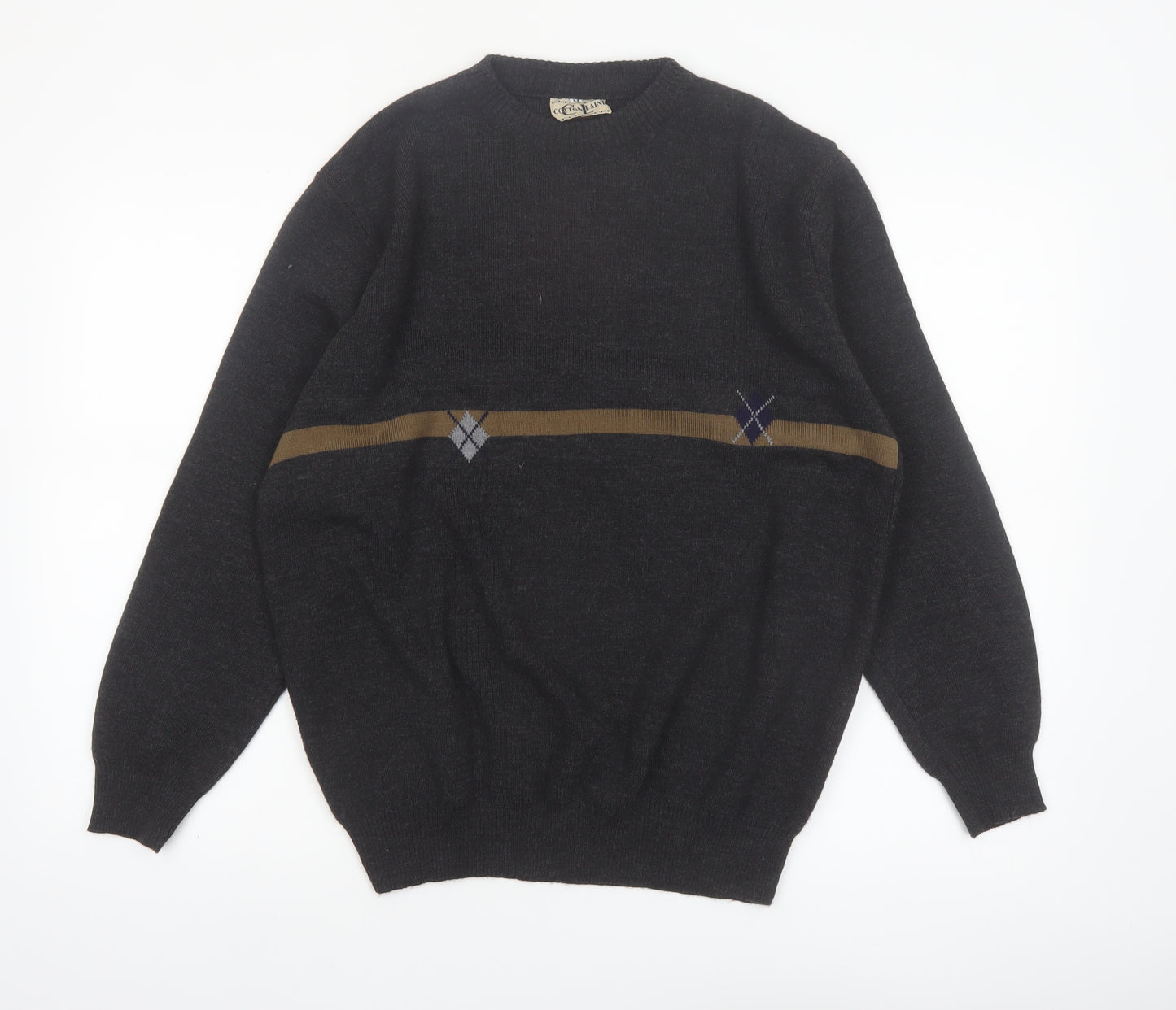 Cotton Laine Men's Black Wool Argyle Crew Neck Jumper M
