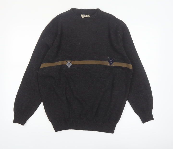 Cotton Laine Men's Black Wool Argyle Crew Neck Jumper M