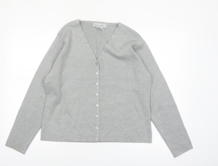 Stephanie Andrews Women's Silver L V-Neck Button Knit Cardigan