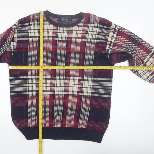 Pringle Men's Multicoloured Check Cotton Jumper L Crew Neck Vintage Knit