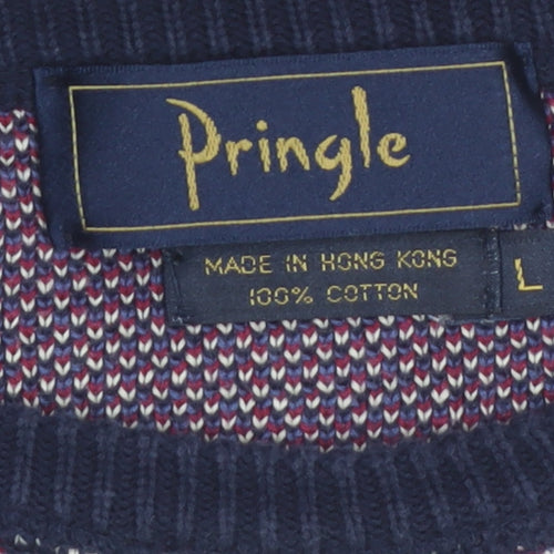Pringle Men's Multicoloured Check Cotton Jumper L Crew Neck Vintage Knit