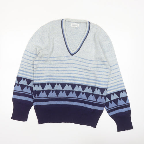 Damon Men's Blue Geometric Wool V-Neck Jumper Size M
