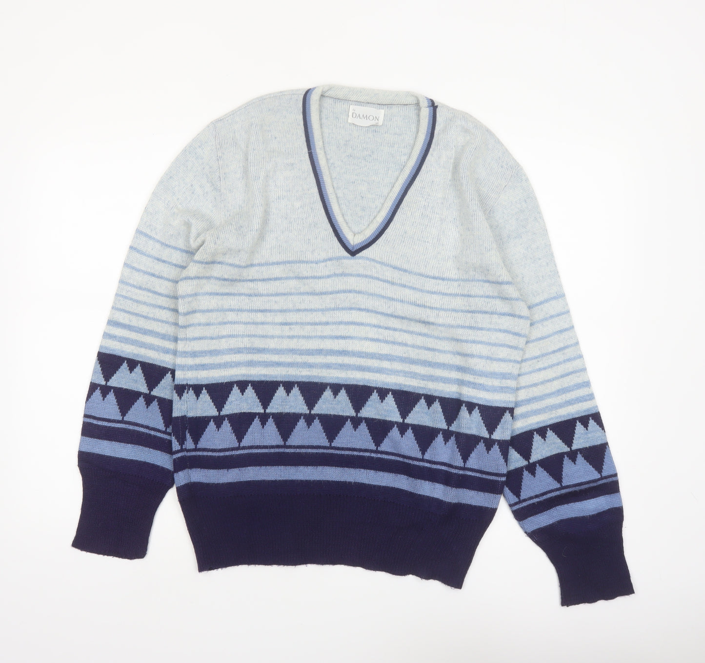 Damon Men's Blue Geometric Wool V-Neck Jumper Size M
