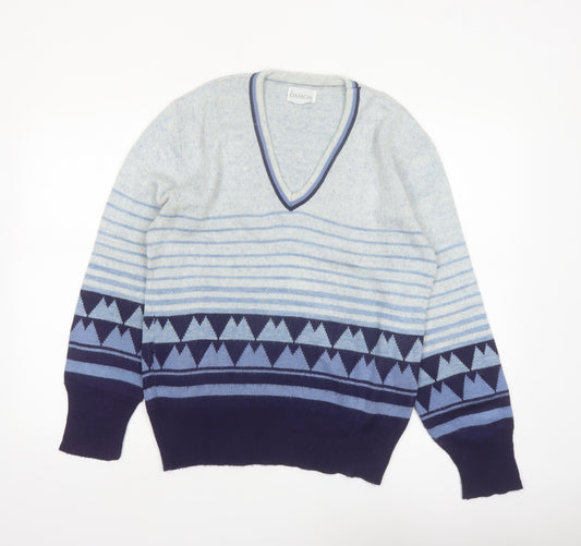 Damon Men's Blue Geometric Wool V-Neck Jumper Size M
