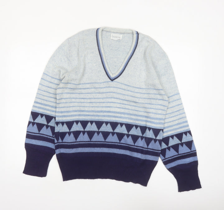 Damon Men's Blue Geometric Wool V-Neck Jumper Size M