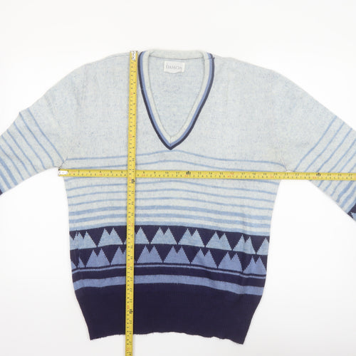 Damon Men's Blue Geometric Wool V-Neck Jumper Size M