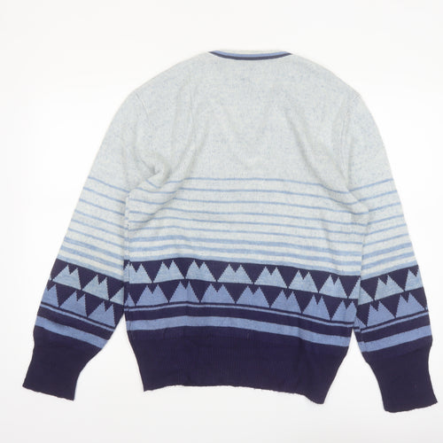Damon Men's Blue Geometric Wool V-Neck Jumper Size M