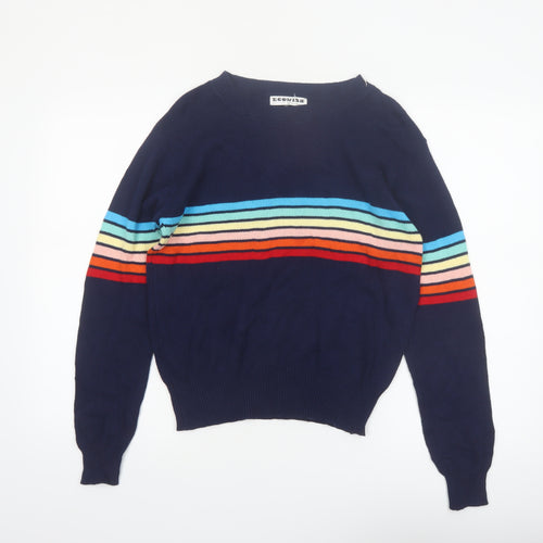 ECOWISH Women's Blue Rainbow Stripe Pullover Jumper M