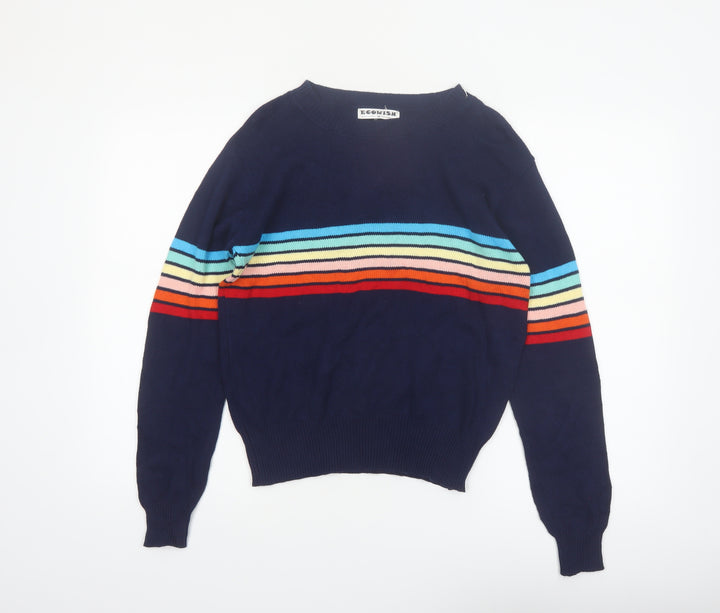 ECOWISH Women's Blue Rainbow Stripe Pullover Jumper M
