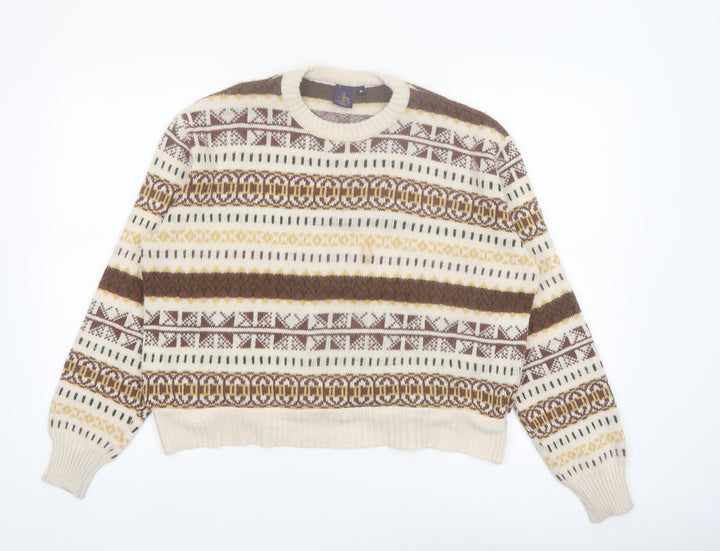 Beyond Retro Women Beige Fair Isle Wool Jumper XL