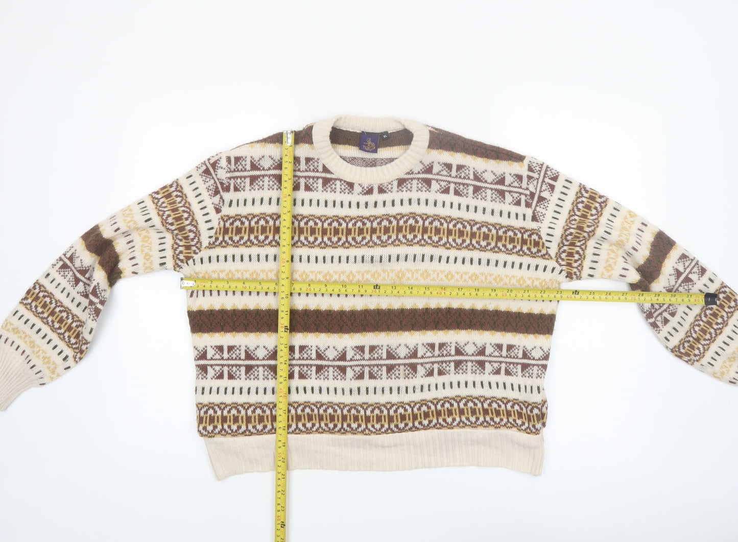Beyond Retro Women Beige Fair Isle Wool Jumper XL