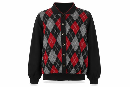Front view of Alfred Dunner Petite M Women Black Red Argyle Knit Button Jacket