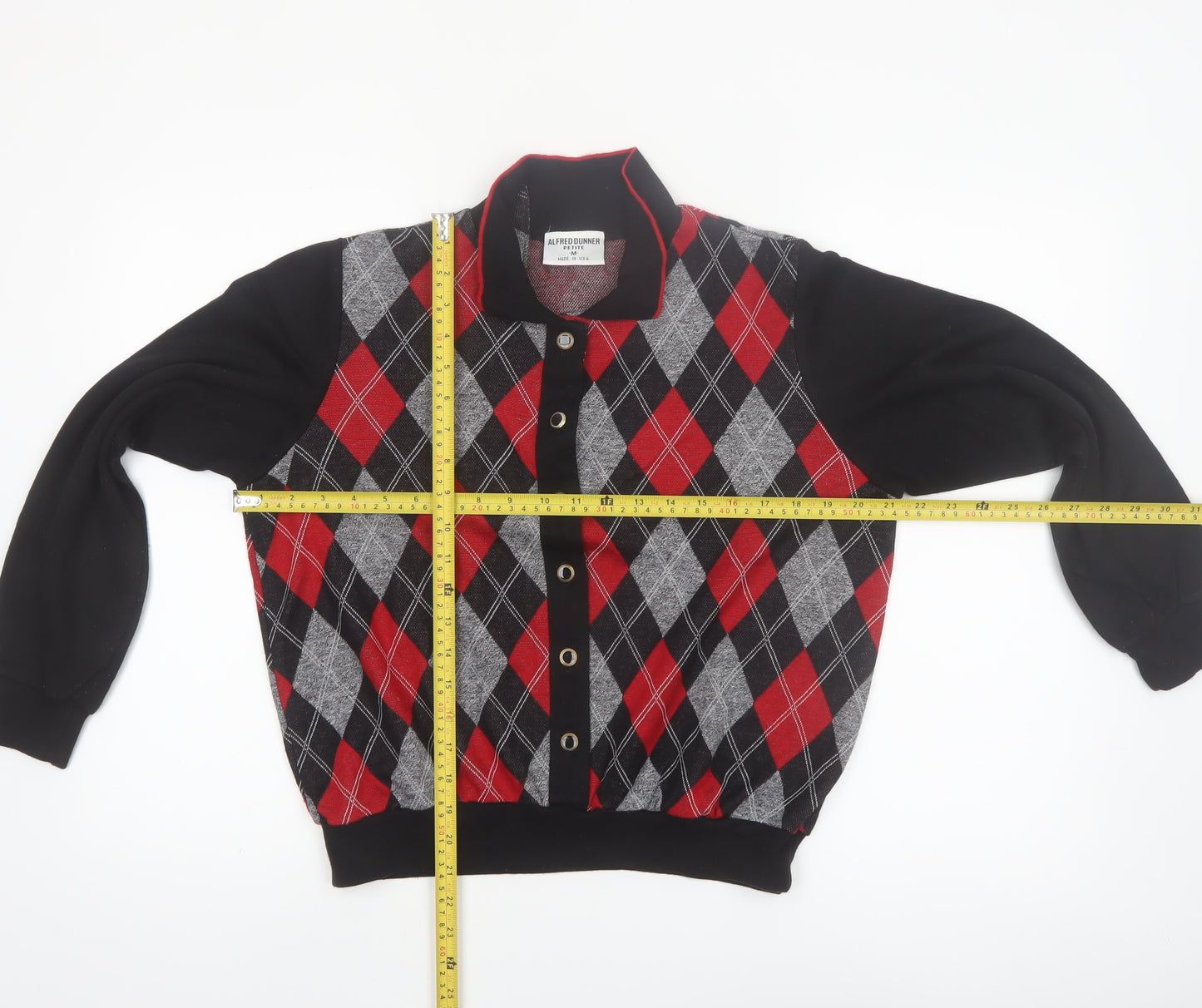 Alfred Dunner Petite M Women Black Red Argyle Knit Button Jacket