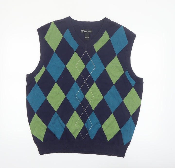 Pro Tour Men's Blue Argyle V-Neck Cotton Golf Vest XL