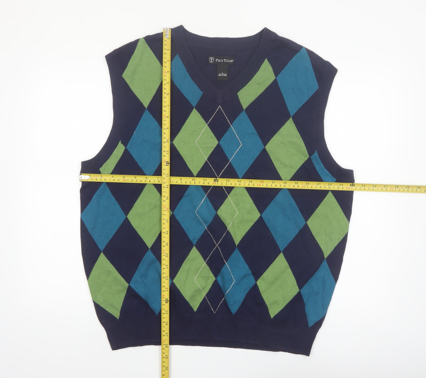 Pro Tour Men's Blue Argyle V-Neck Cotton Golf Vest XL