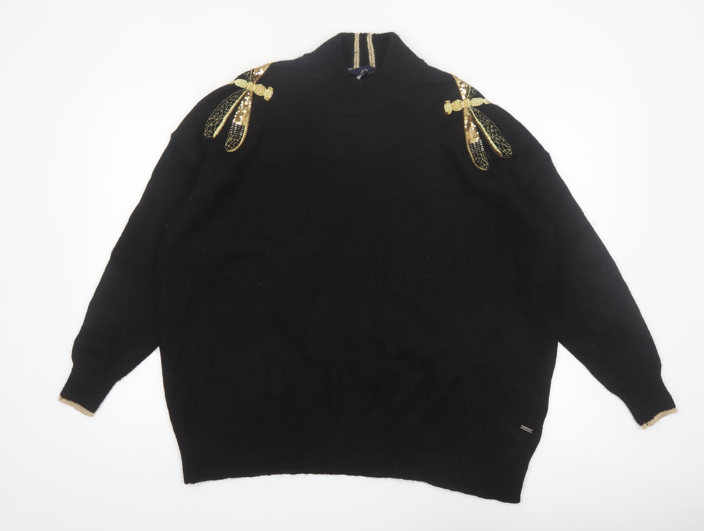 Joules Women’s Black Sequin Dragonfly High Neck Long Sleeve Jumper Size 20