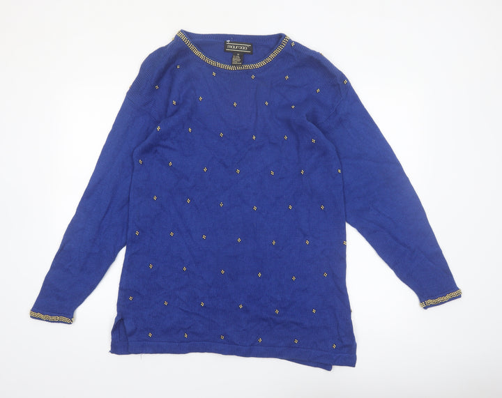 Mauraaa Women Blue Beaded Long Sleeve Pullover Jumper Size M
