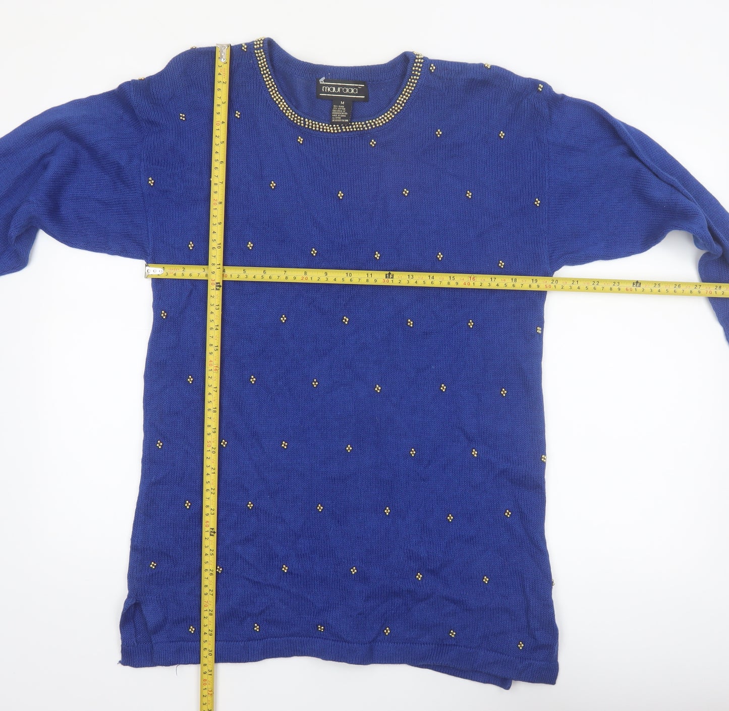 Mauraaa Women Blue Beaded Long Sleeve Pullover Jumper Size M