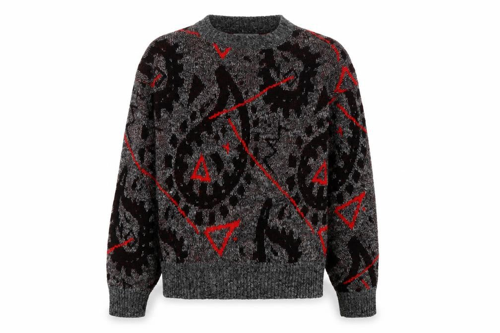 Front view of Le Tigre Men's Grey Geometric Knit jumper, size M