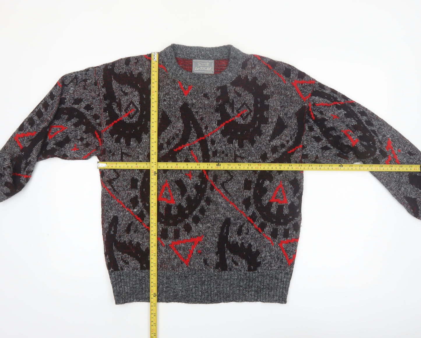 Le Tigre Men's Grey Geometric Knit Pullover Jumper Size M