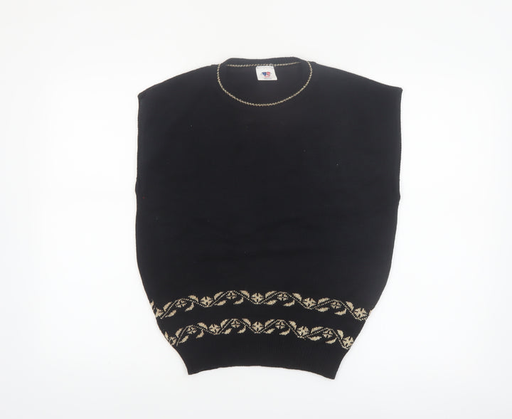 Sweater Bazaar Womens Black Sleeveless Knit Vest M Floral Detail