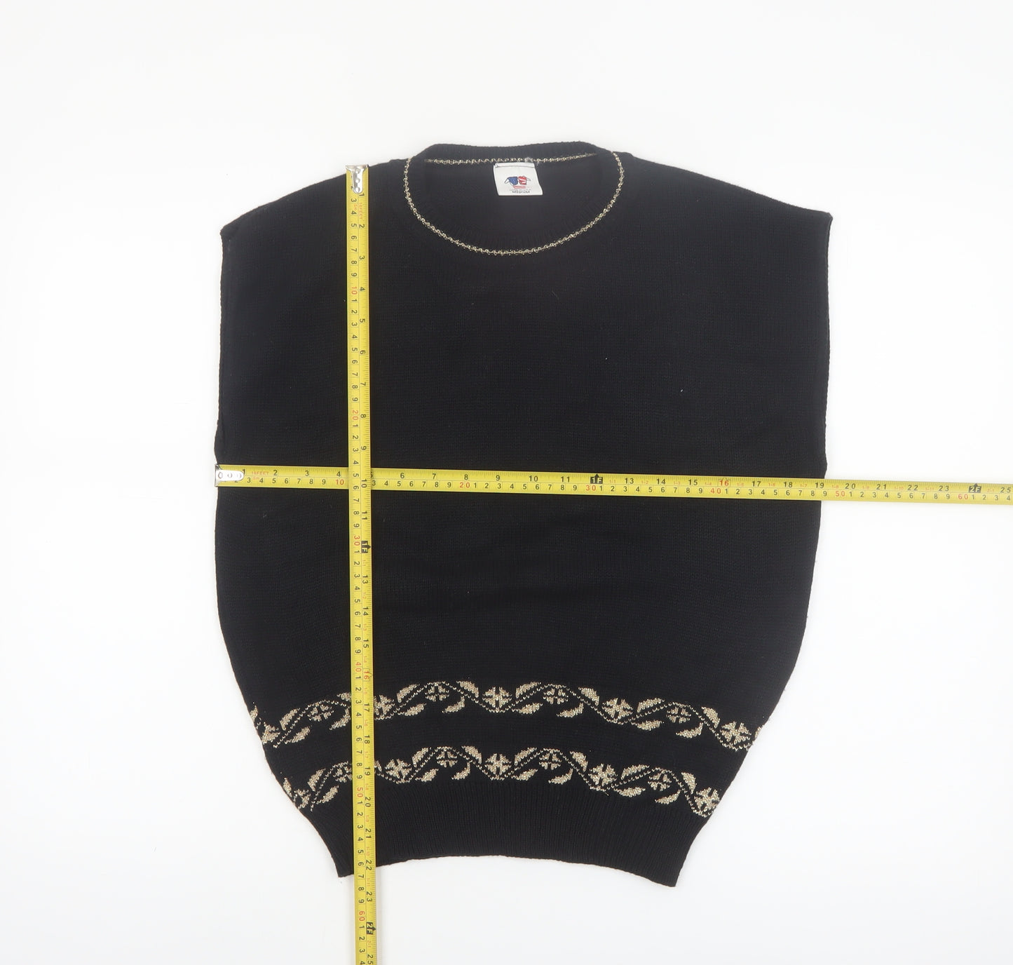 Sweater Bazaar Womens Black Sleeveless Knit Vest M Floral Detail