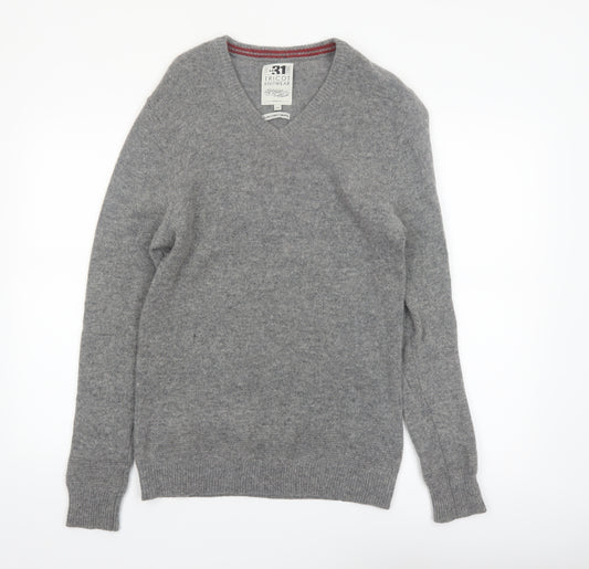Le 31 Men’s Grey Lambswool V-Neck Pullover Jumper S
