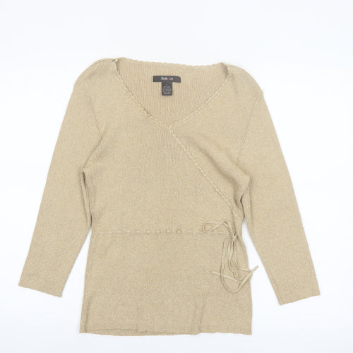Style & Co Women Beige L Wrap V-Neck Silk Blend Jumper