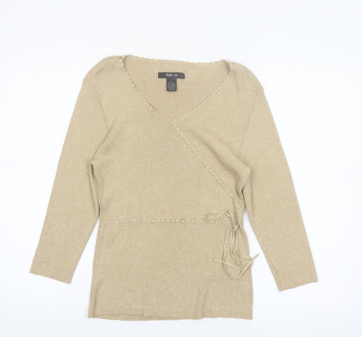 Style & Co Women Beige L Wrap V-Neck Silk Blend Jumper