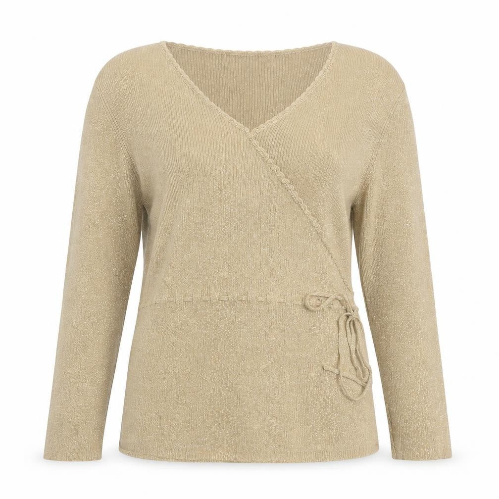 Front view of Style & Co Women Beige L Wrap V-Neck Silk Blend Jumper
