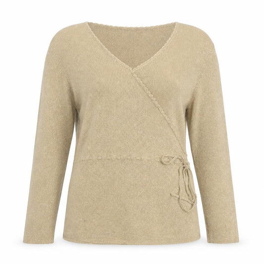 Front view of Style & Co Women Beige L Wrap V-Neck Silk Blend Jumper