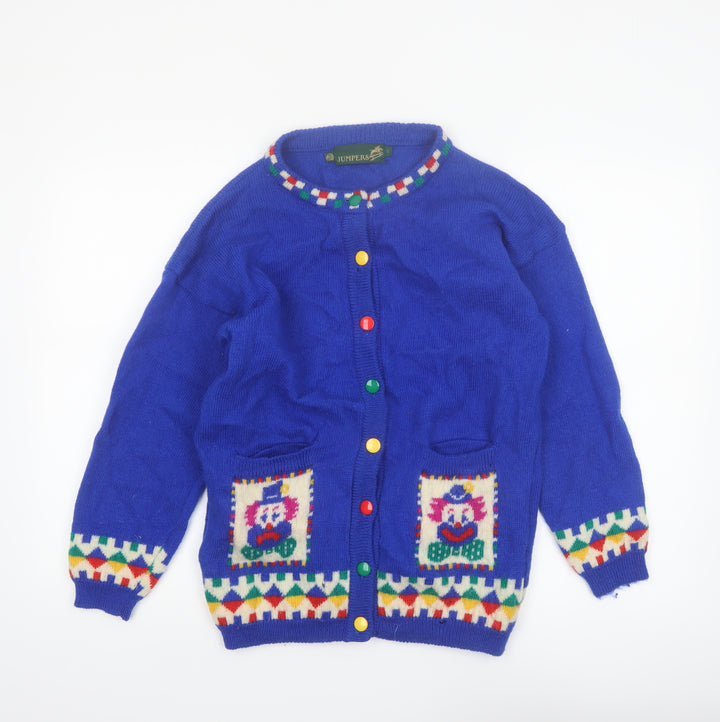 Jumpers Blue Pure New Wool Women's Small Cardigan with Clown Motif