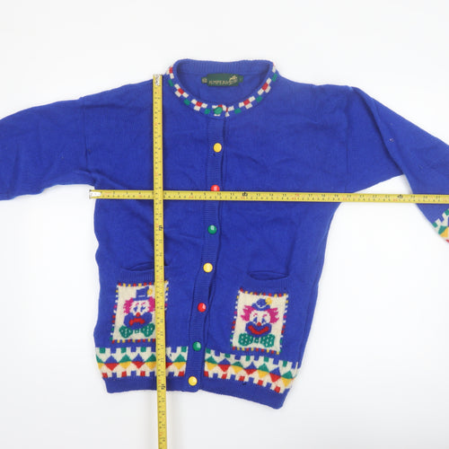 Jumpers Blue Pure New Wool Women's Small Cardigan with Clown Motif