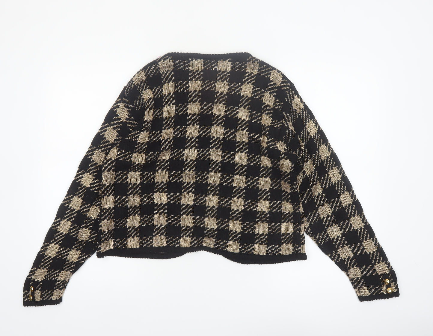 Baxter & Wells Womens Black Beige Plaid Cardigan M Acrylic Metallic Knit