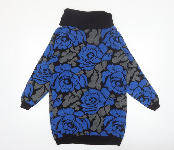 Gitano Women Blue Floral Roll Neck Long Sleeve Knit Jumper L