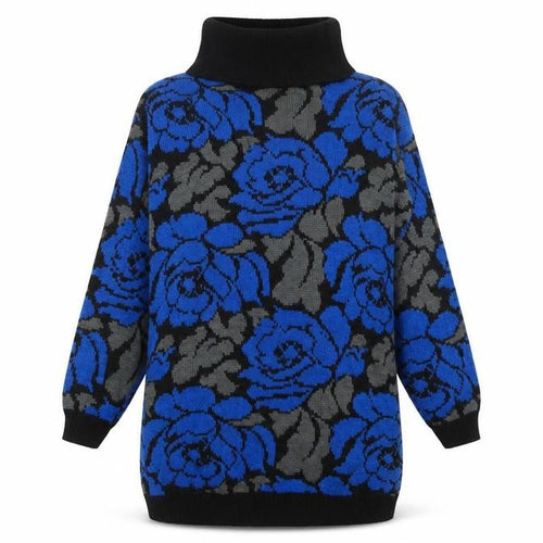 Gitano Women Blue Floral Roll Neck Long Sleeve Knit Jumper L