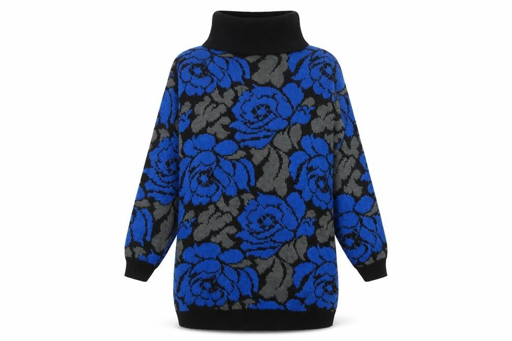 Gitano Women Blue Floral Roll Neck Long Sleeve Knit Jumper L