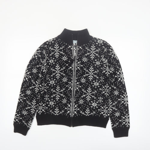 Valerie Stevens Womens Black Fair Isle Zip Up Wool Blend Jumper S