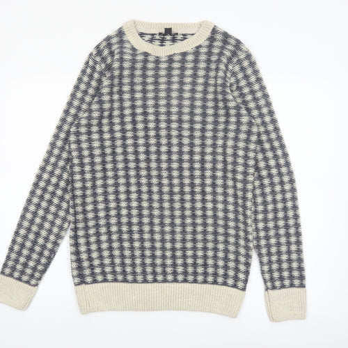 New Look Men Blue Check Knit Crew Neck Jumper Size M