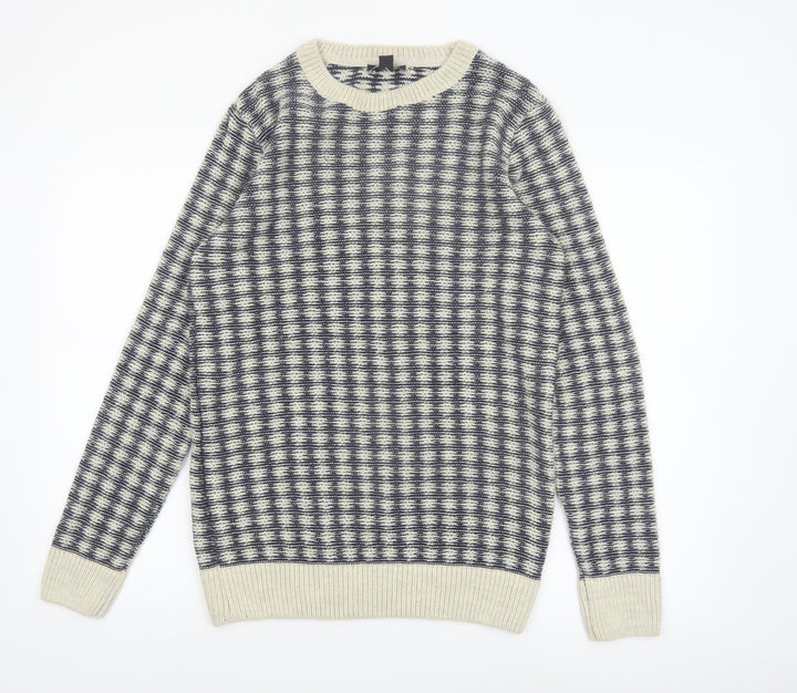 New Look Men Blue Check Knit Crew Neck Jumper Size M