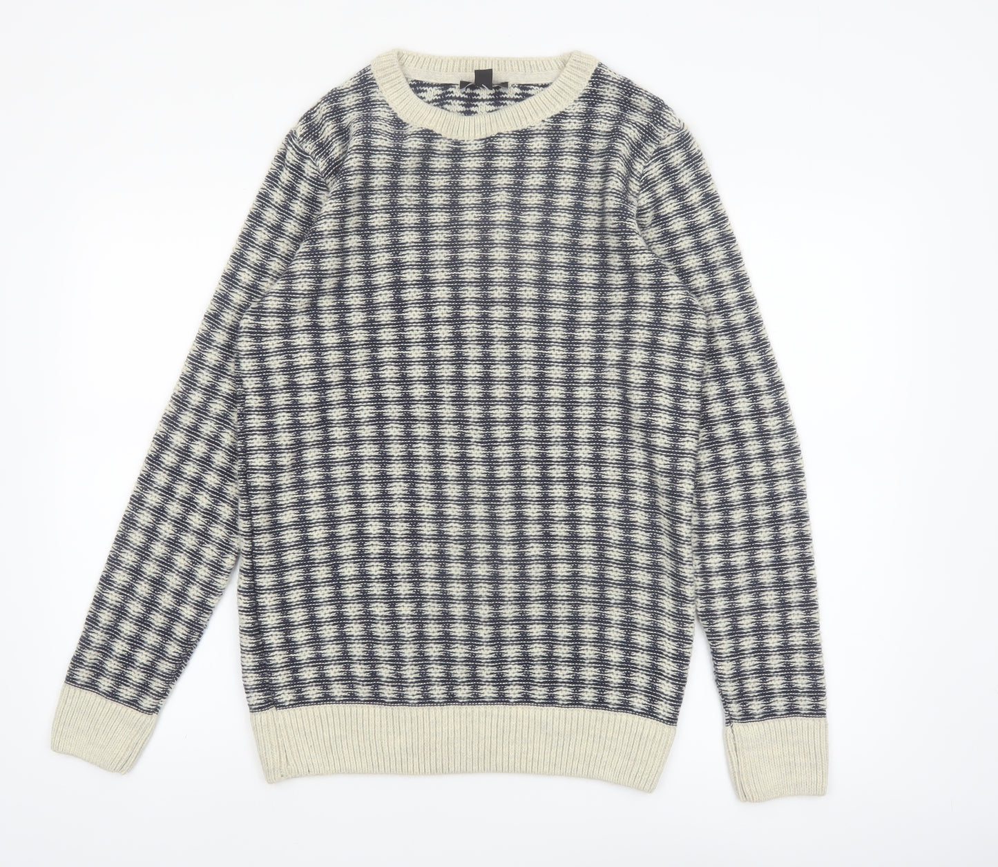 New Look Men Blue Check Knit Crew Neck Jumper Size M