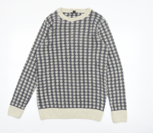 New Look Men Blue Check Knit Crew Neck Jumper Size M